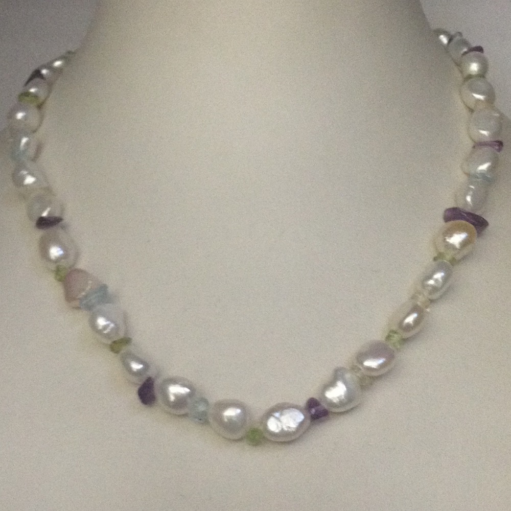 Freshwater White Oval Baroque Pearls Mala With Multicolour Semi Precious Amethyst/Citrine/Blue Topaz Chips JPM0283