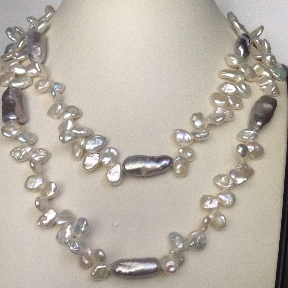 White And Grey Chips Baroque Pearls Long Mala JPM0264