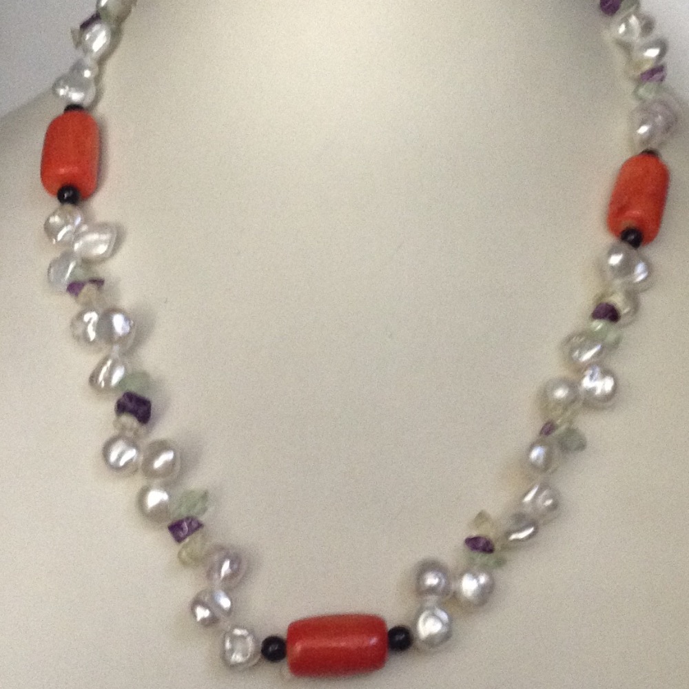 Freshwater White Chips Baroque Pearls Mala With Coral Drums and Amethyst/ Citrine/Peridot Chips JPM0267
