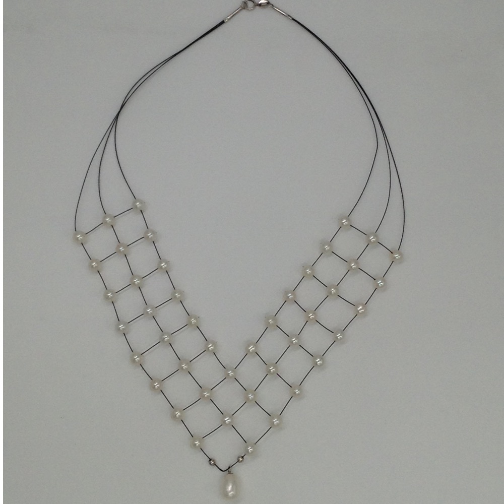 Freshwater White Button Pearls 3 Layers Jaali Wire Necklace JPM0260