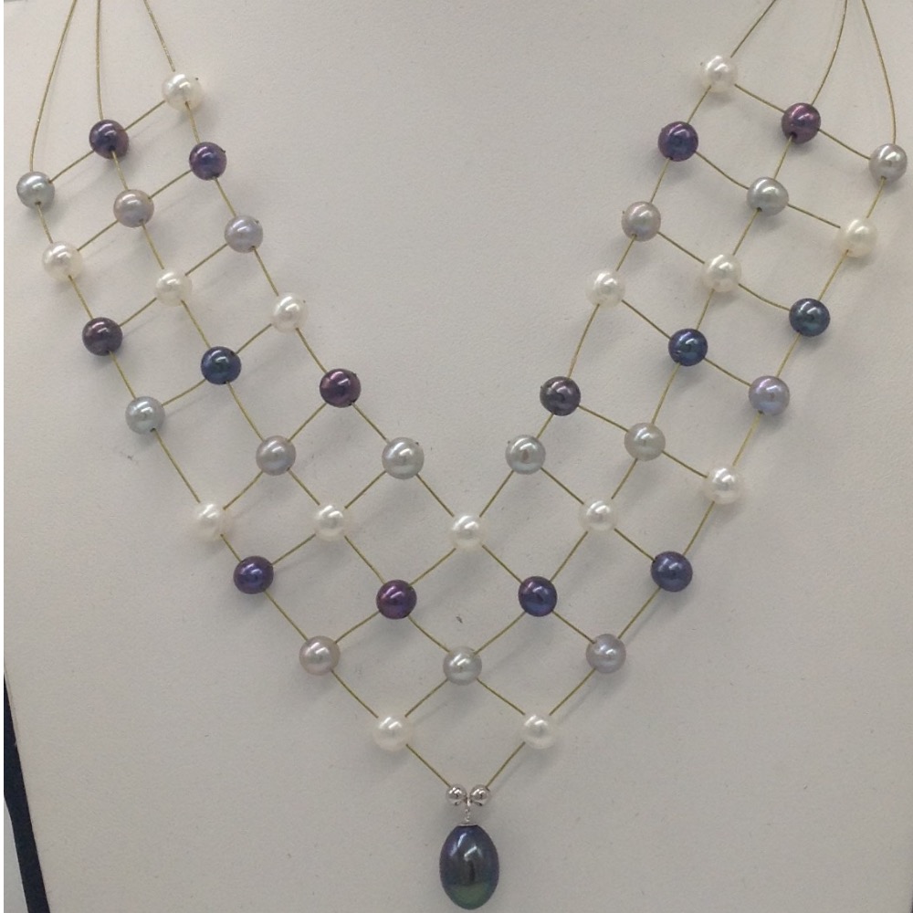 Freshwater Multicolour Potato Pearls 3 Layers Jaali Wire Necklace JPM0262