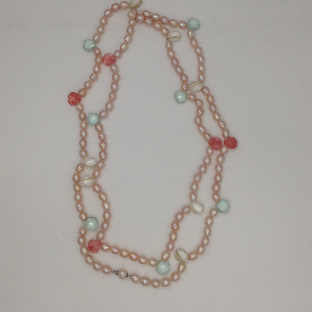 Pink Oval Pearls Long Mala With Faceted CZ Drops JPM0256