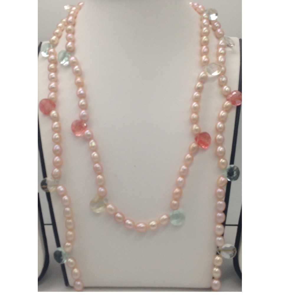 Pink Oval Pearls Long Mala With Faceted CZ Drops JPM0256