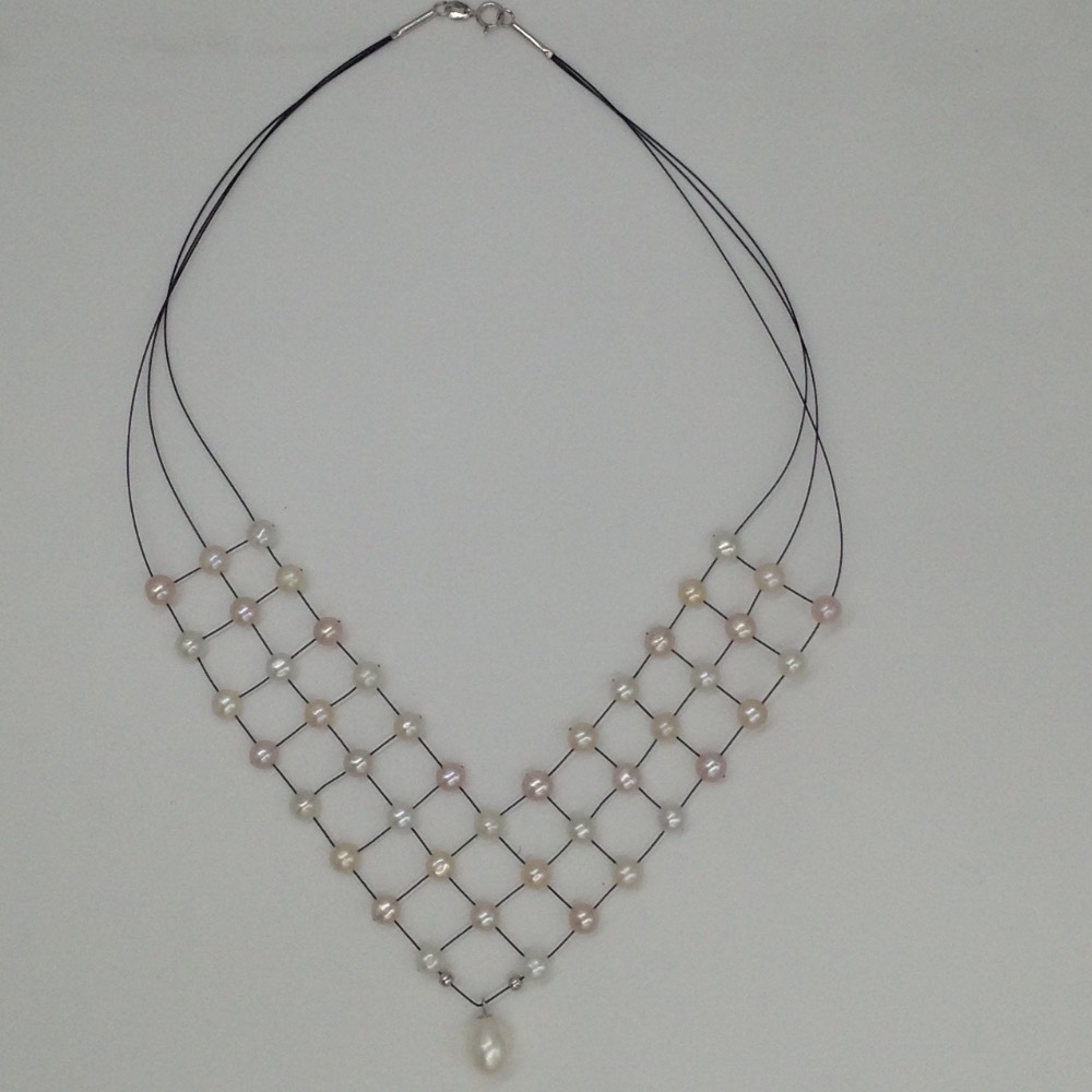 Freshwater White and Pink Button Pearls 3 Layers Jaali Wire Necklace