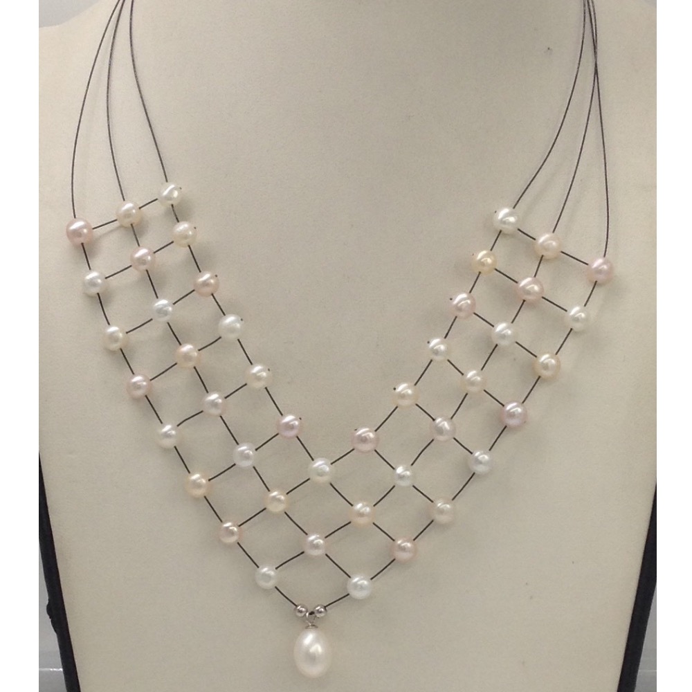 Freshwater White and Pink Button Pearls 3 Layers Jaali Wire Necklace