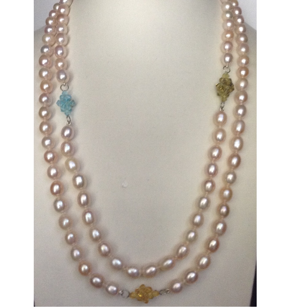 Orange Oval Pearls Long Mala With Multicolour Crystal JPM0245