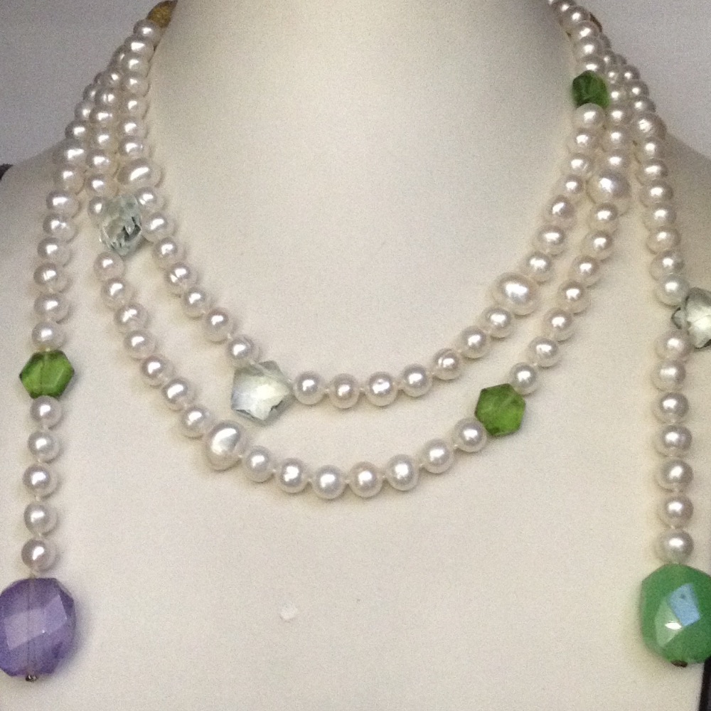 White Potato Pearls Long Mala With Semi Precious Beeds JPM0244