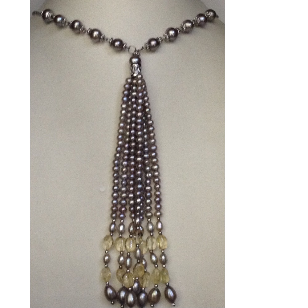 Freshwater Grey Potato Pearls Fancy Silver Necklace With Oval Citrine Beeds
