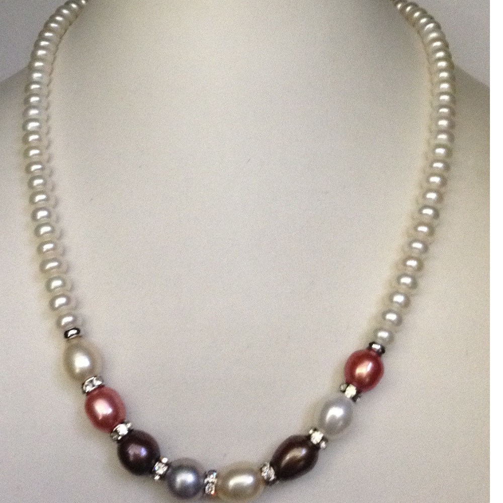 white flat pearls mala with multicolour pearls and cz chakri JPM0239