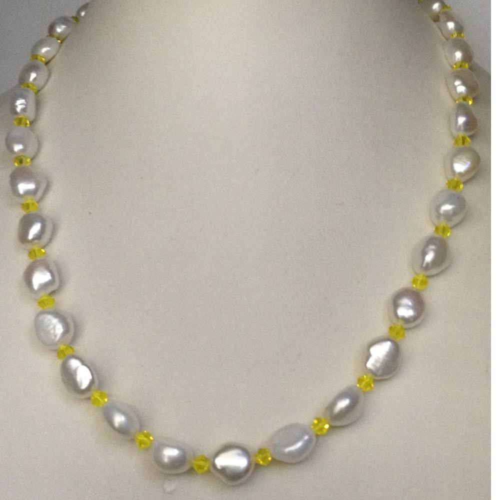 White Oval Baroque Pearls Mala With Yellow Crystals JPM0228