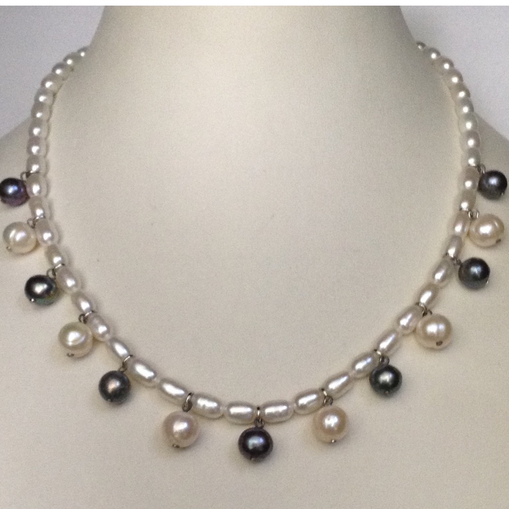 Freshwater white oval pearls mala with round pearls drops JPM0223