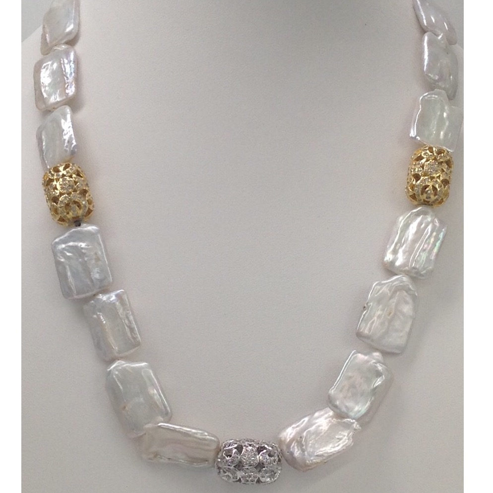 white Square Baroque Pearls Mala With Zircon Balls JPM0210