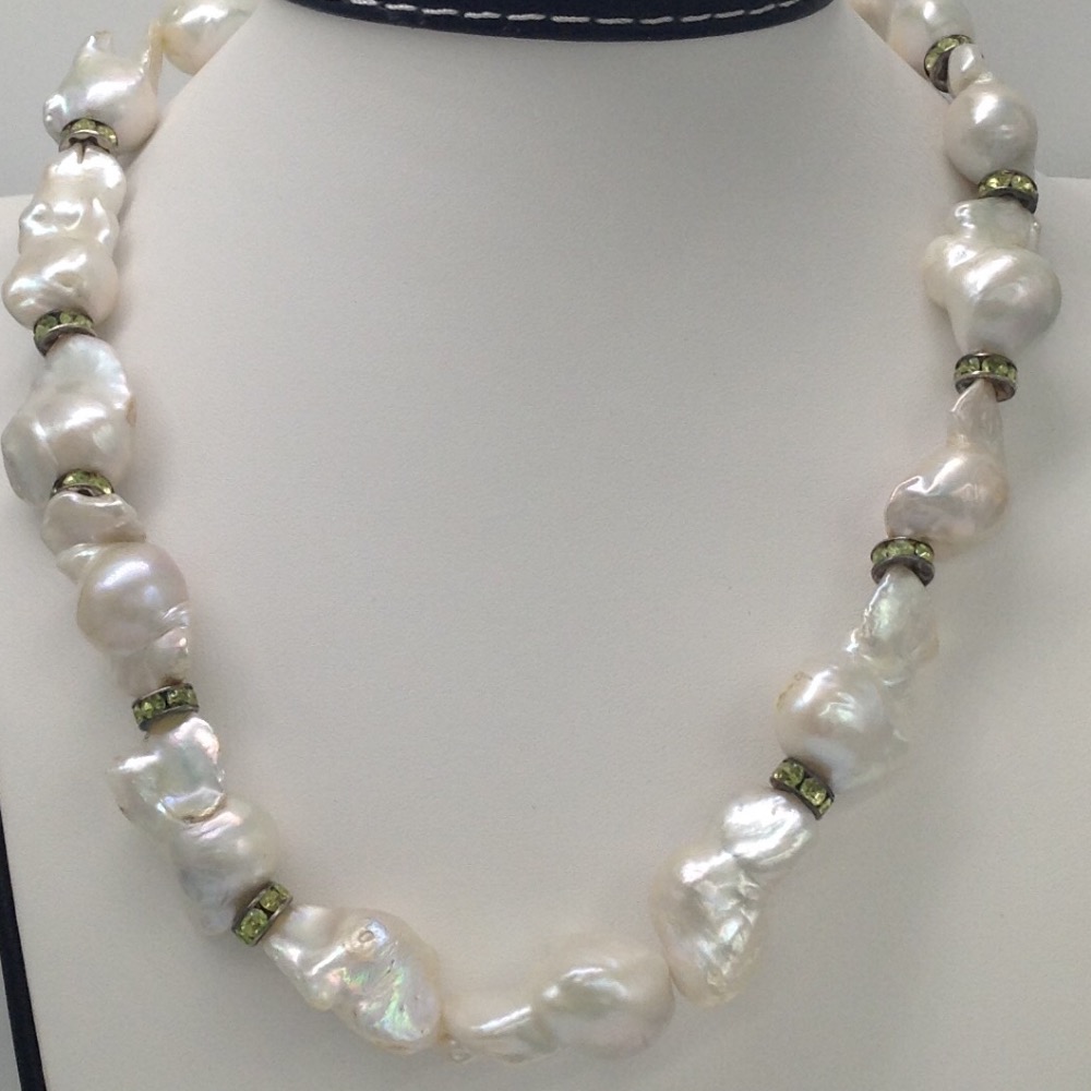white Oval Baroque Pearls Mala With Cz Chakri JPM0211