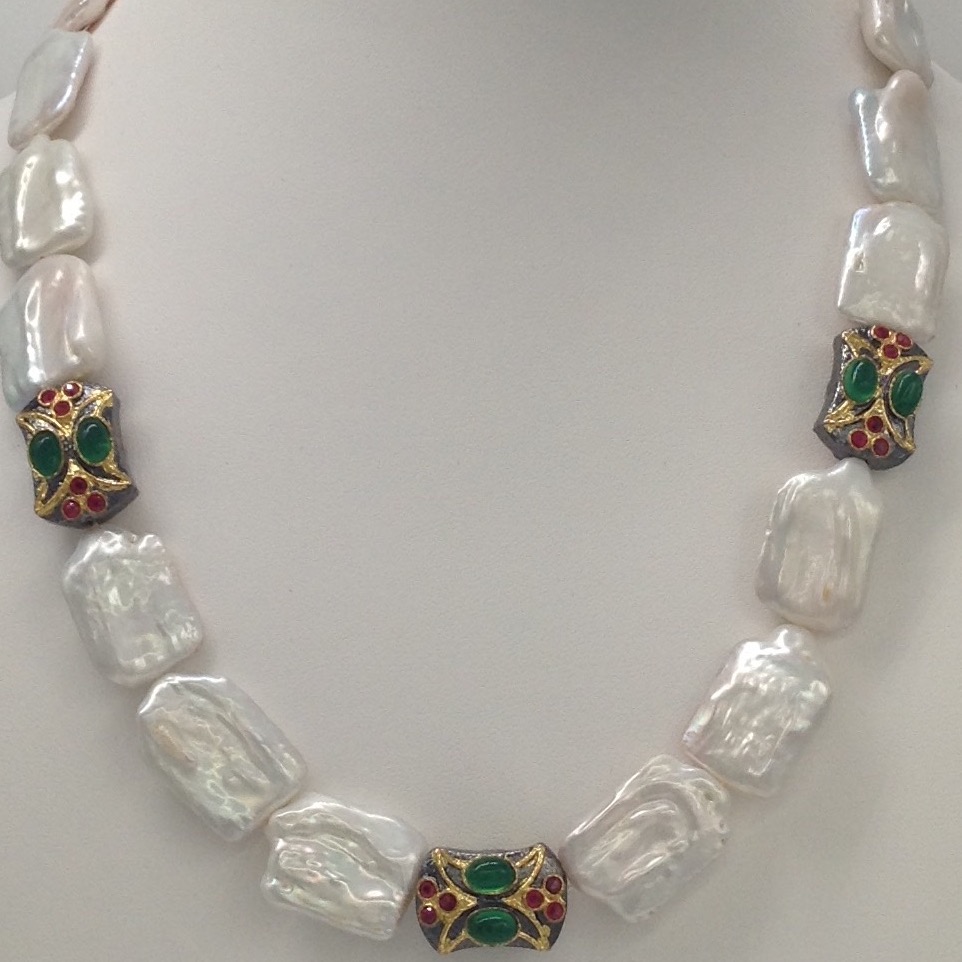 white Square Baroque Pearls Mala With Antique Pcs JPM0208