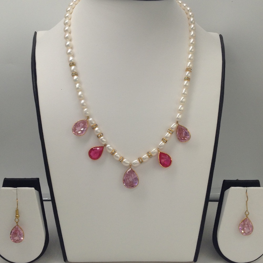 Freshwater White Oval Pearls Neckalce Set With 5 Pink Cubic Zircon Pendents and CZ Chakri JPP1008