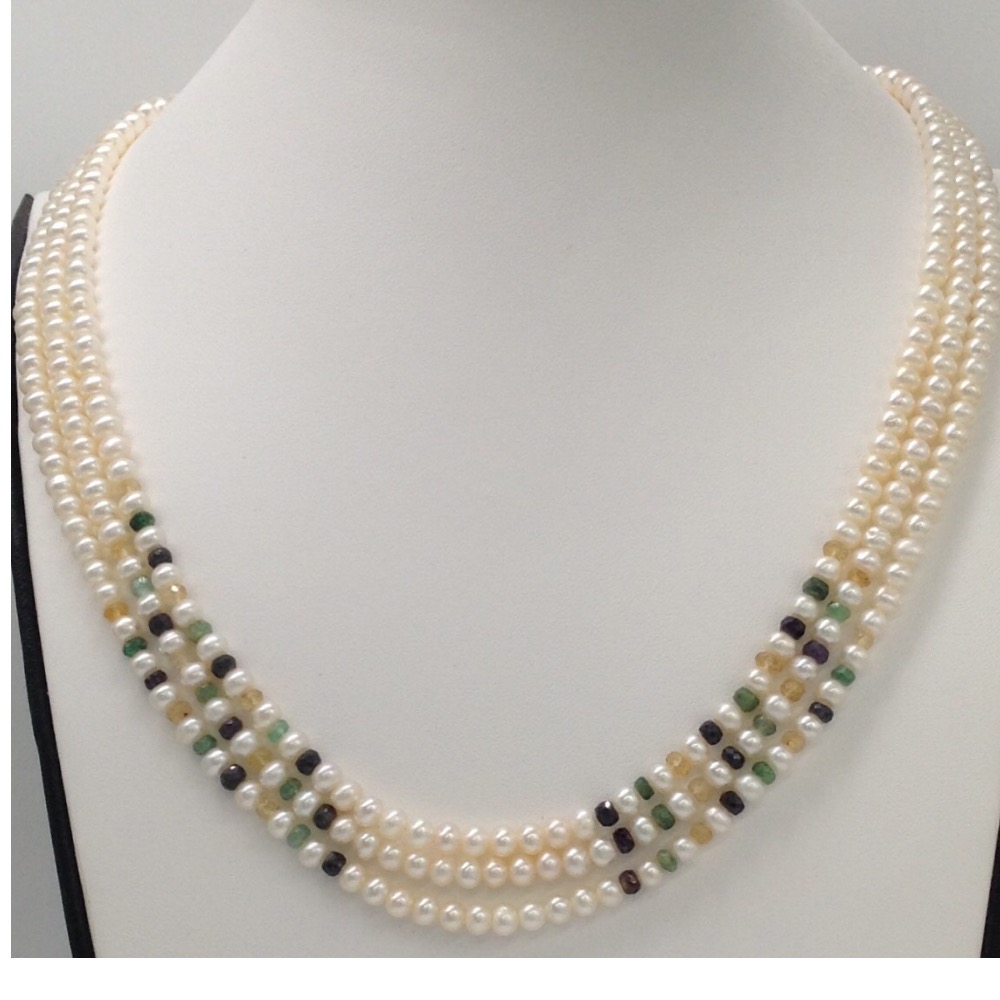 Freshwater White Flat Pearls 3 Layers Necklace With Faceted BlueSapphire, Yellow Sapphire and Green Emerald Round Beeds JPM0199