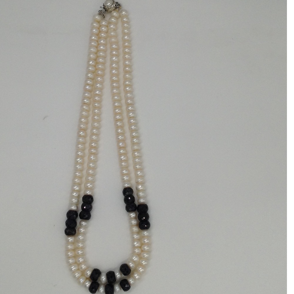 Freshwater White Flat Pearls 2 Layers Necklace With Faceted Blue Sapphires Beeds JPM0198