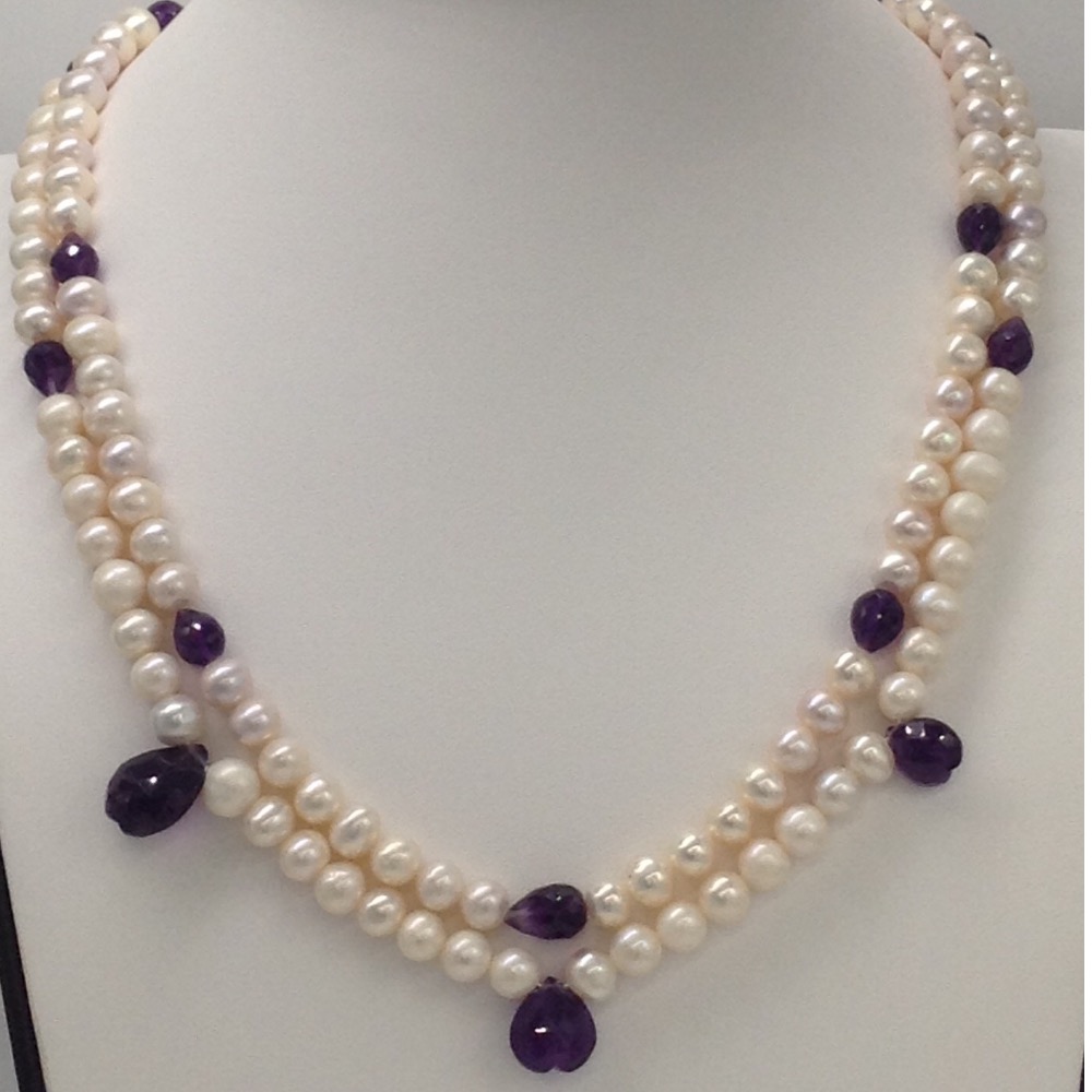 Freshwater White Potato Pearls 2 Layers Necklace With Faceted Amethyst Drops JPM0192