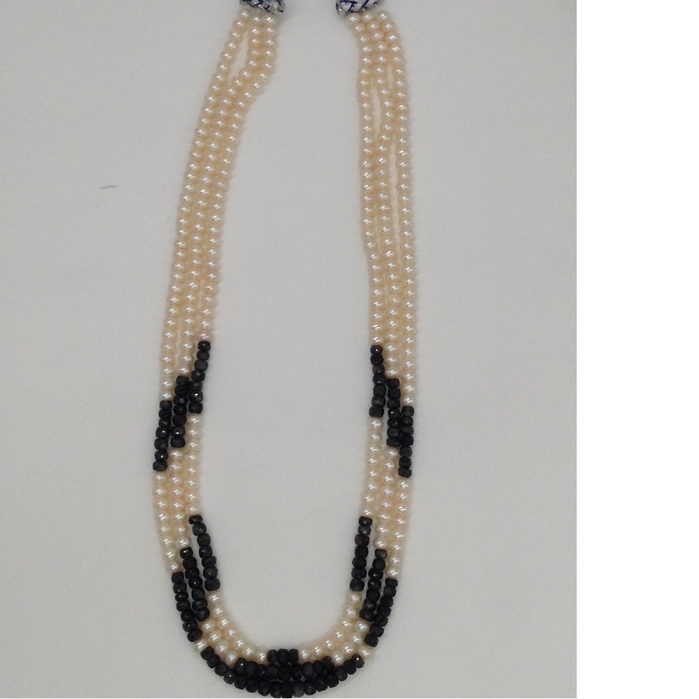Freshwater White Flat Pearls 3 Layers Necklace With Faceted Blue Sapphires Round Beeds JPM0191