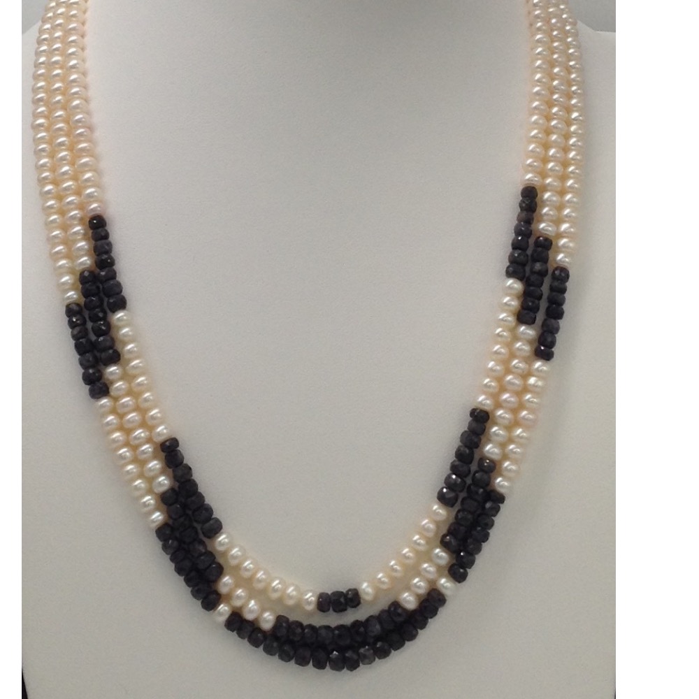 Freshwater White Flat Pearls 3 Layers Necklace With Faceted Blue Sapphires Round Beeds JPM0191