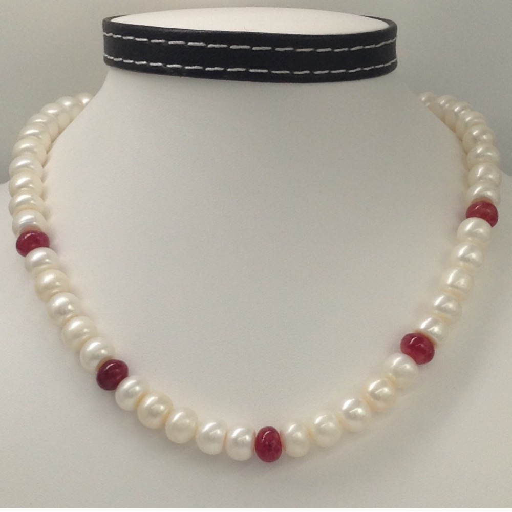Freshwater White Flat Pearls With Red Ruby Beeds Mala JPM0190