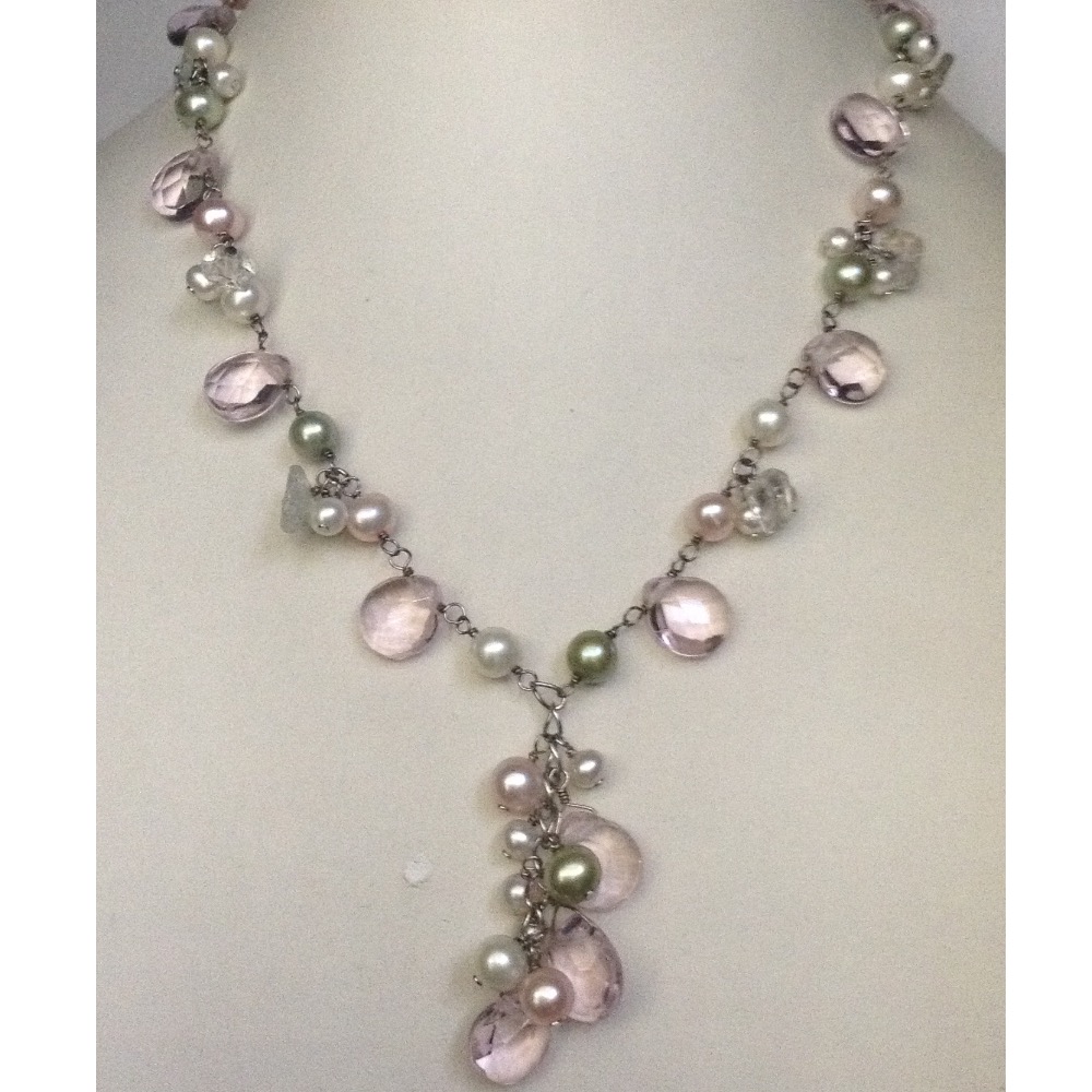 Freshwater Multicolour Potato Pearls Silver Wire Mala with  Faceted Amethyst Drops