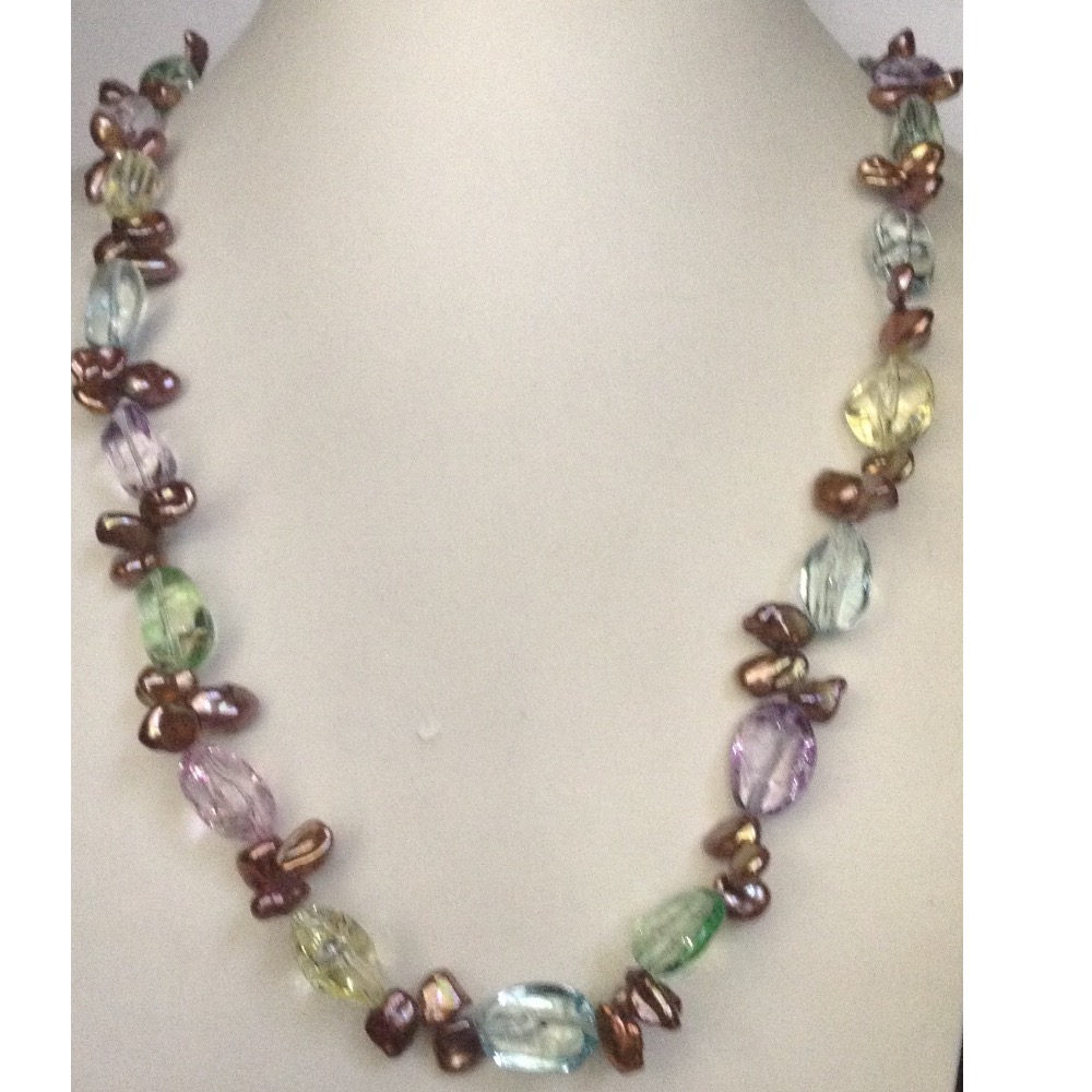 Brown Baroque Pearls Long Mala With Zircon Oval Beeds JPM0162