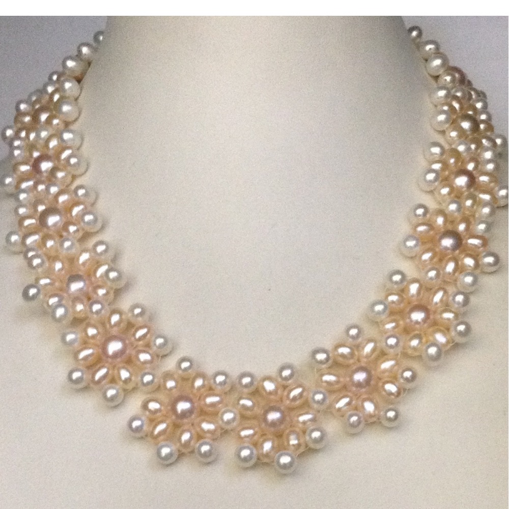 Freshwater white and orange oval jaali necklace JPM0161