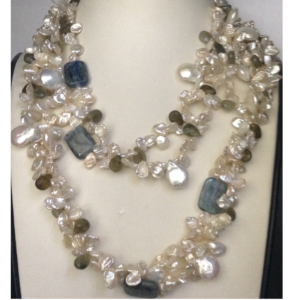 cream baroque long necklace with blue faceted beeds JPM0172