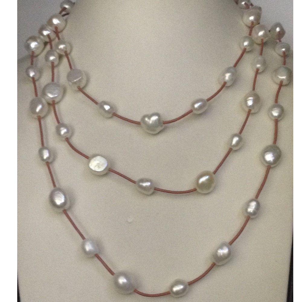 Freshwater White Potato Pearls With Brown Pipe Long Mala JPM0158