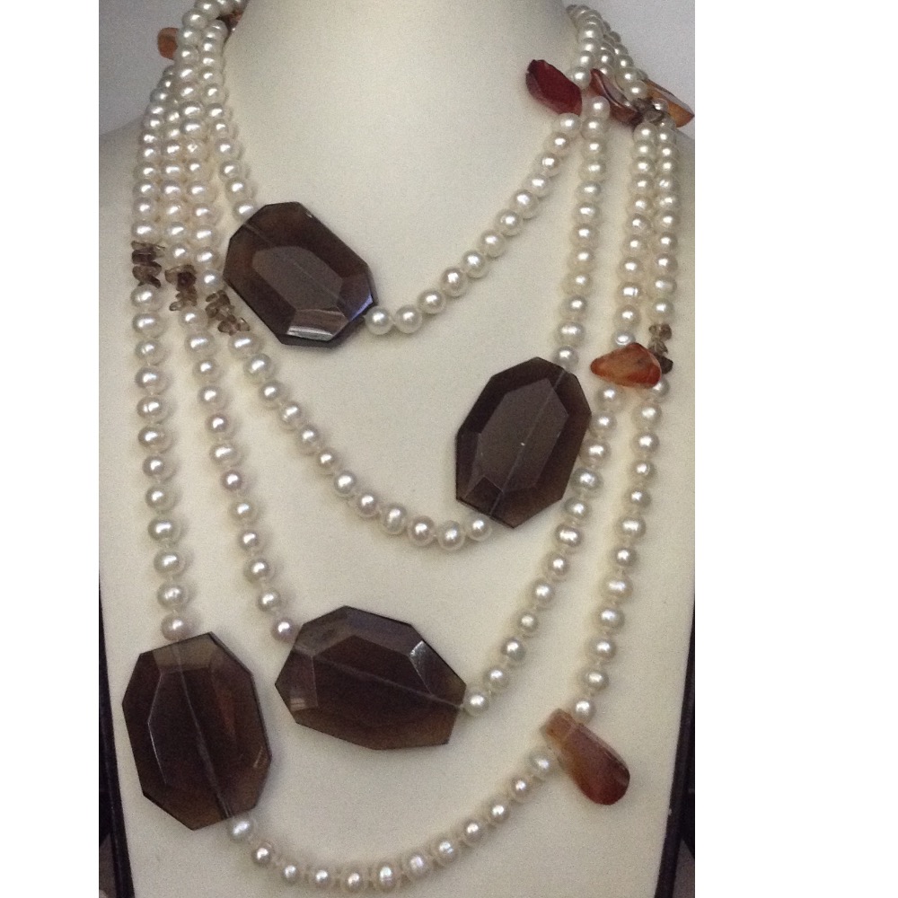 White Potato Pearls Long Mala With Smoky Topaz Beeds JPM0176