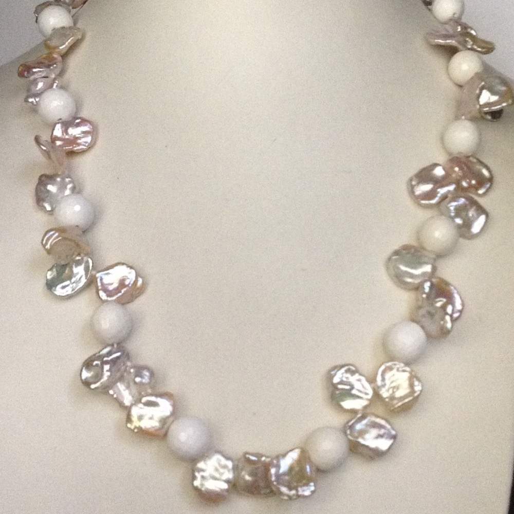 Freshwater Pink Chips Baroque Pearls Mala with White Semi Faceted Beeds