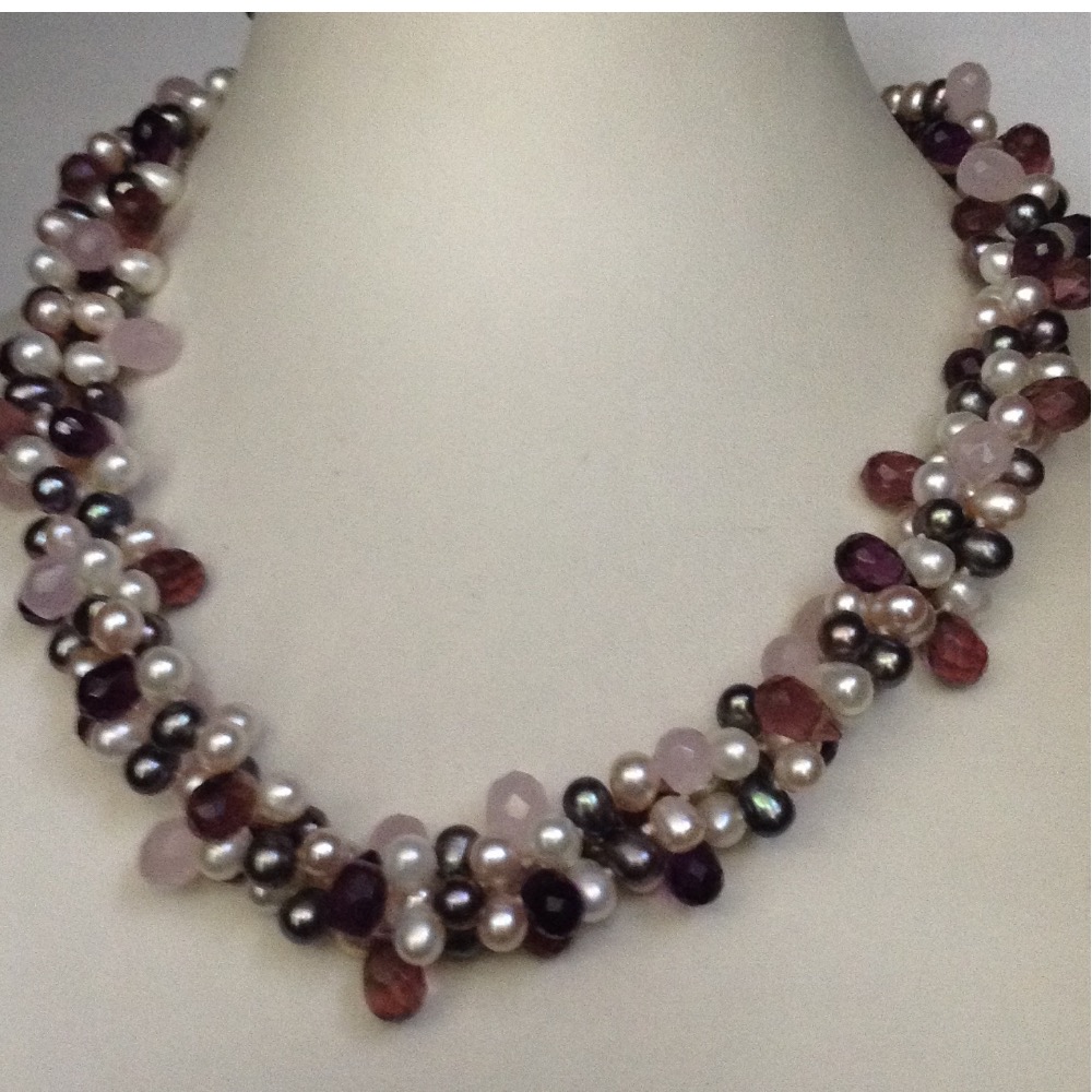 Freshwater White and Pink Oval Drops 3 Layers Twisted Necklace With Amethyst and Pink Quartz Faceted Drops JPM0160