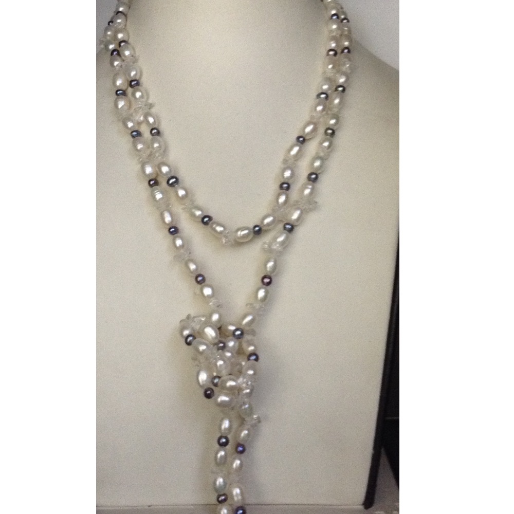 White and Grey Oval Pearls Long Mala With White Beeds JPM0173
