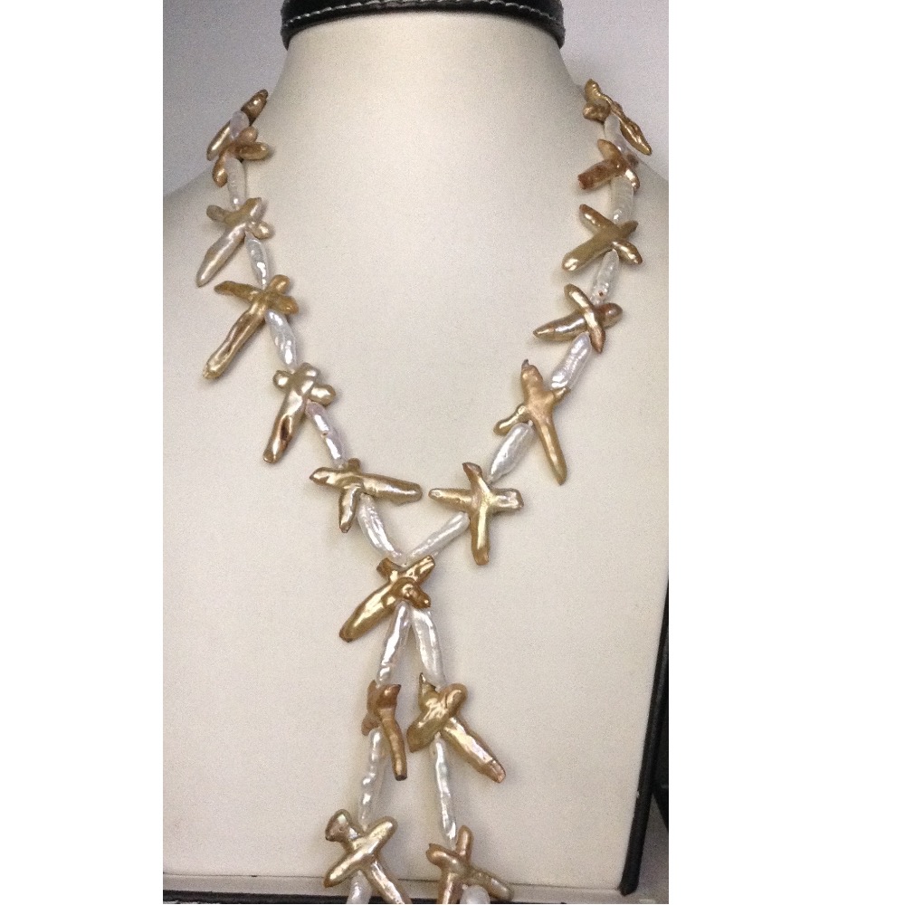 Freshwater white and brown cross baroque pearls mala JPM0155