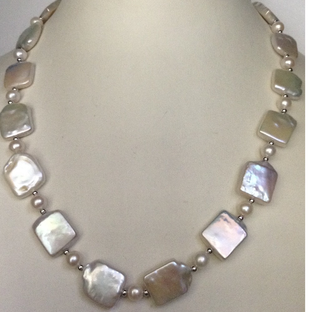 Freshwater white square baroque and round pearls mala JPM0151