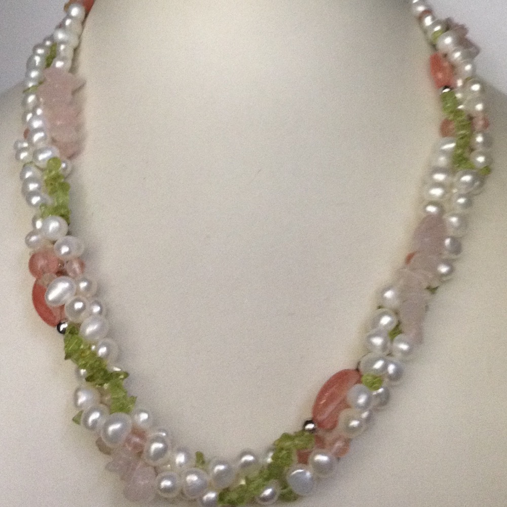 Freshwater White Potato Pearls And Rose Quartz, Peridot 3 Layers Twisted Necklace JPM0184