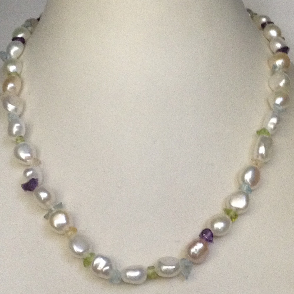 Freshwater White Oval Baroque Pearls Mala with SemiPrecious Stones JPM0145