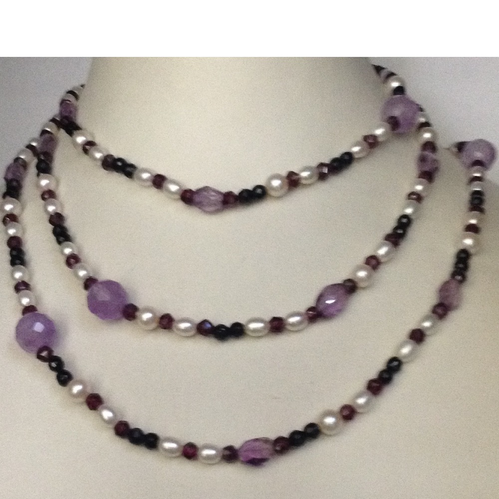 White Oval Pearls With Faceted Amethyst Beeds Long Mala JPM0166
