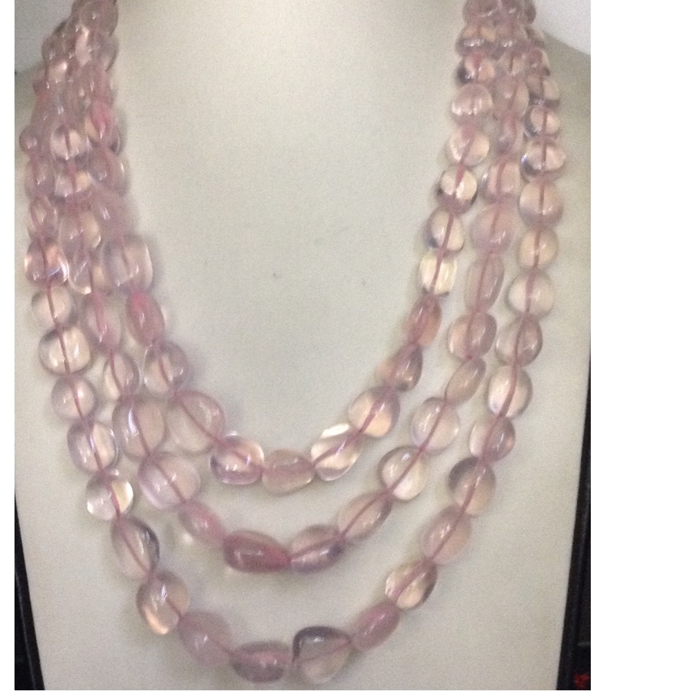 Natural Pink Rose Quartz Oval Tumbles 3 Layers Necklace JSS0088