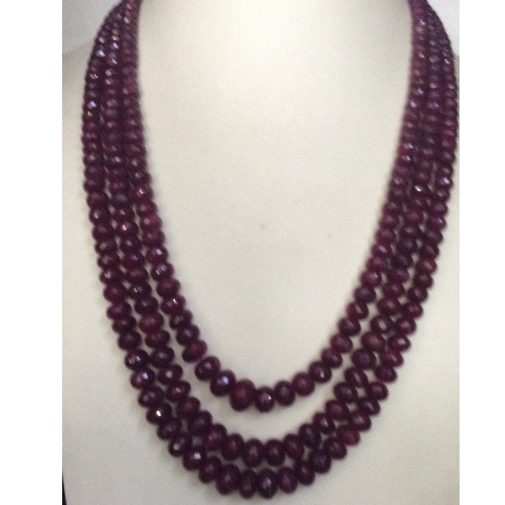Natural Red Ruby Faceted Round Beeds 3 Layers Necklace JSR0079