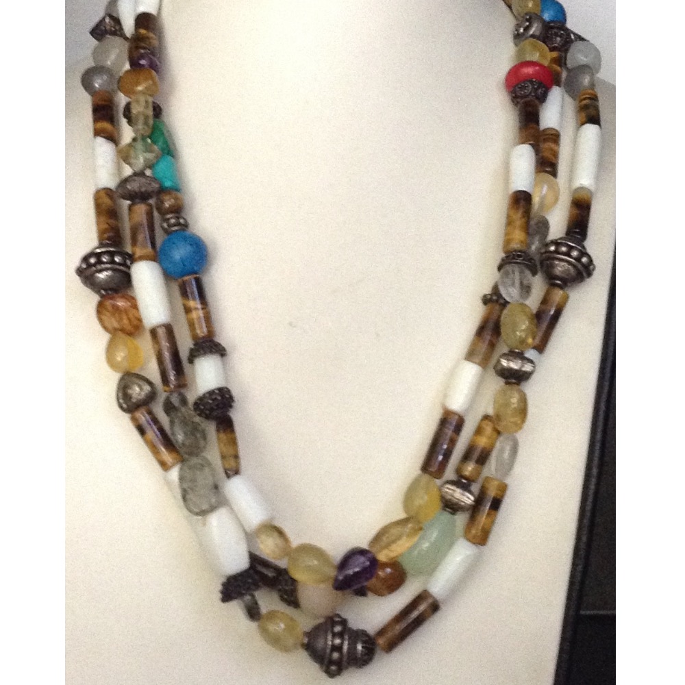 Natural Tigerstone Drums 3 Layers Necklace With Silver Balls JSS0014