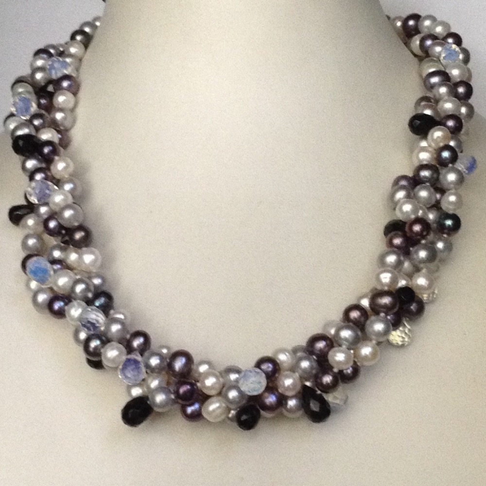 Multicolour Potato Pearls 4 Layers Necklace With CZ drops JPM0136