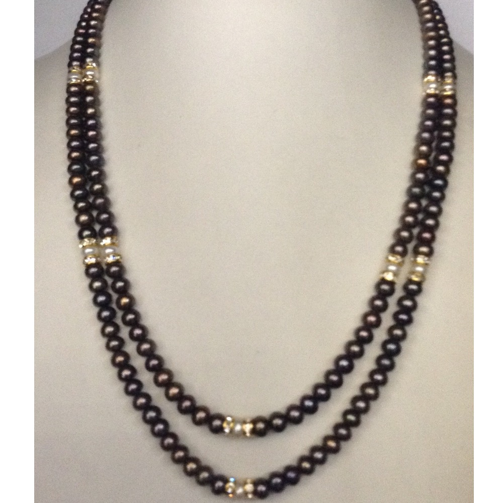 Brown Flat Pearls Necklace 2 Layers With CZ Chakri JPM0111