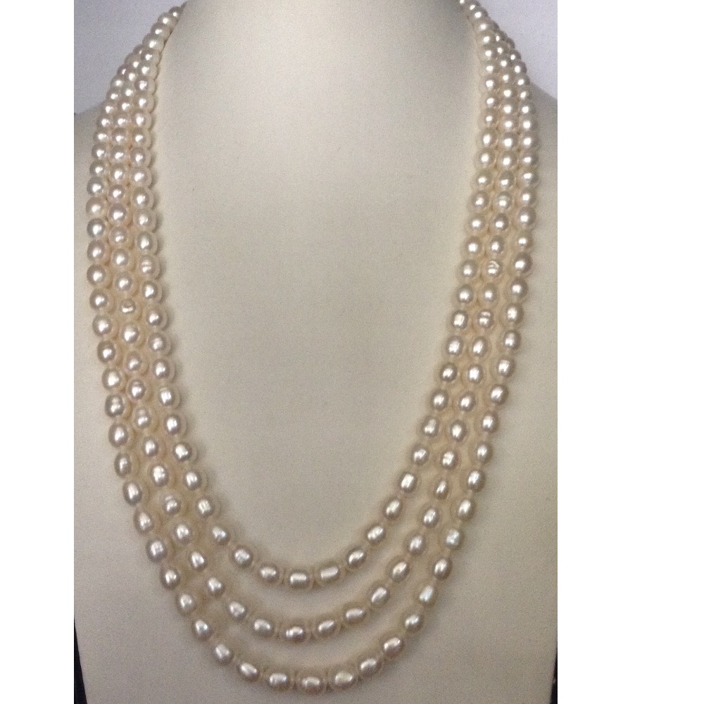 Freshwater White Oval Pearls Necklace 3 Layers JPM0084