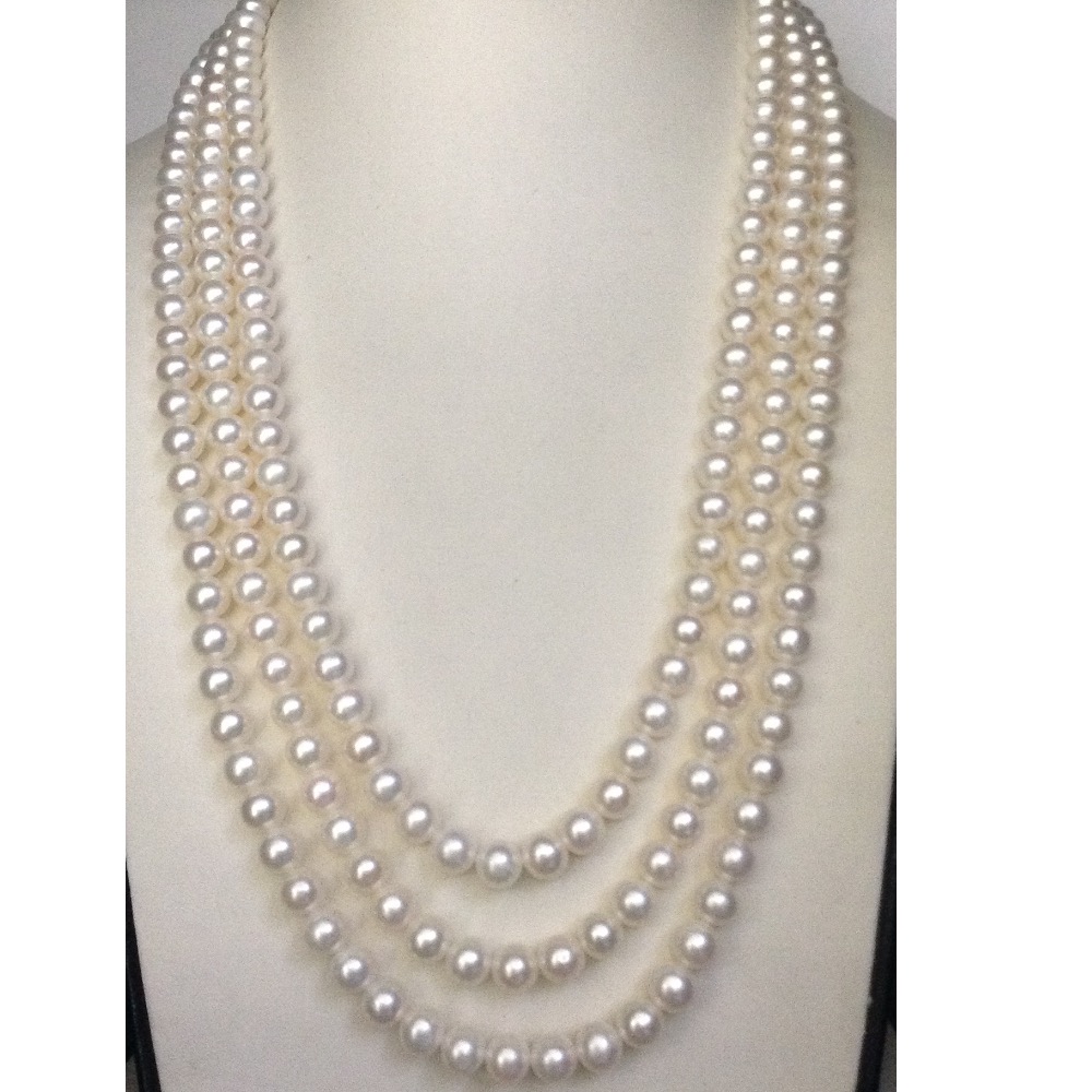 Freshwater White Round Pearls Necklace 3 Layers JPM0076
