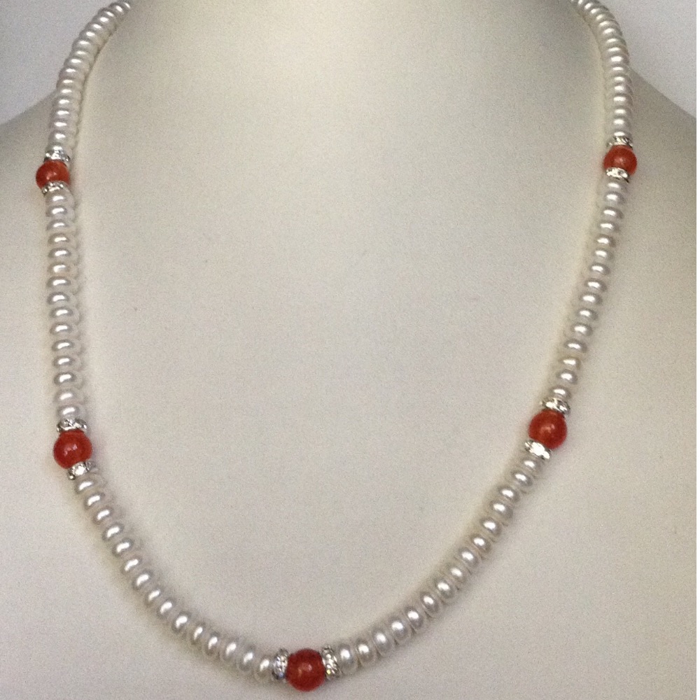 Freshwater white flat pearls strand with cz chakri JPM0089