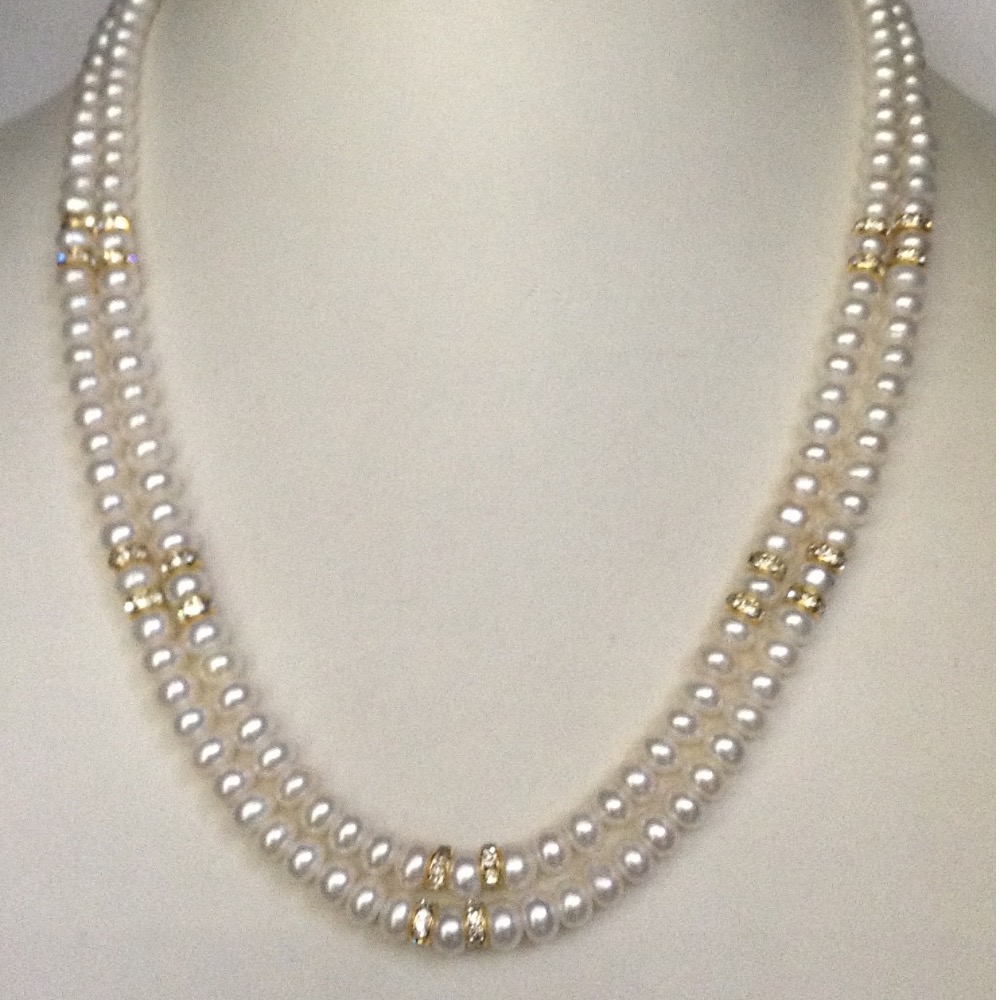 White Flat Pearls Necklace With CZ Chakri 2 Layers JPM0085