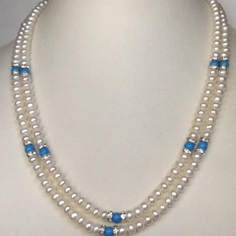 White Flat Pearls Necklace With CZ Chakri 2 Layers JPM0086