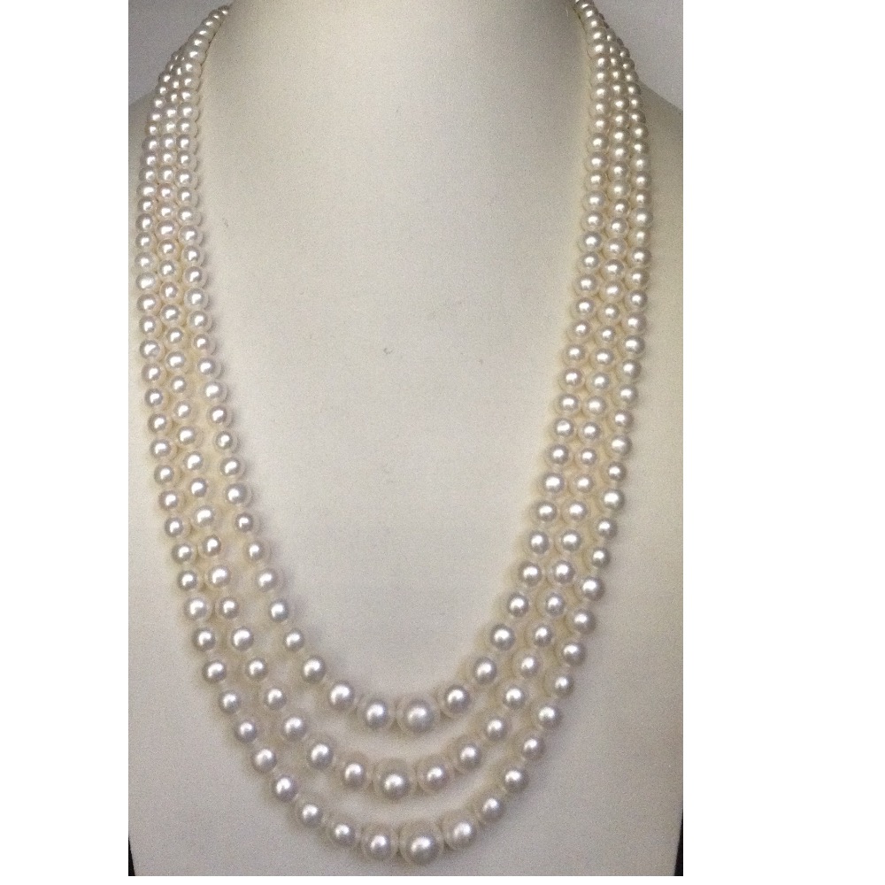 White Round Graded Pearls Necklace 3 Layers JPM0102
